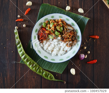 Traditional Javanese food on a plate Traditional Javanese food on a plate 100457029