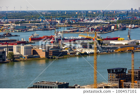 Aerial view of Port of Rotterdam in middle of Rhine-Meuse-Scheldt delta Aerial view of Port of Rotterdam in middle of Rhine-Meuse-Scheldt delta 100457101