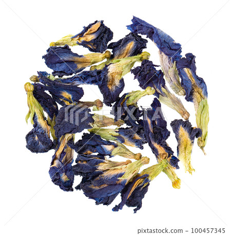 Butterfly pea flowers isolated on white background. Blue herbal tea. Clitoria Ternatea. Top view. 100457345