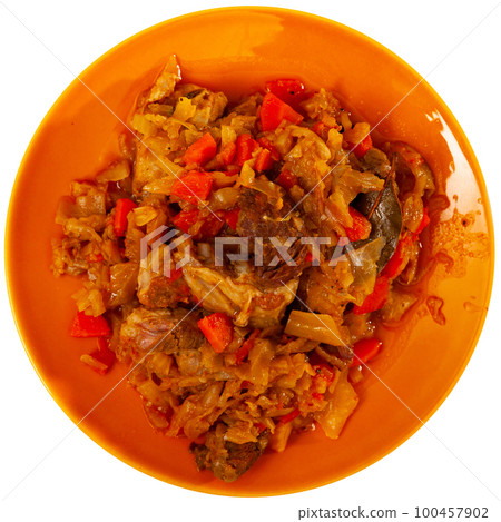 Cabbage stew with smoked pork ribs served Cabbage stew with smoked pork ribs served 100457902
