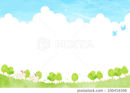 寧靜的綠色景觀和兔子背景圖 100458306