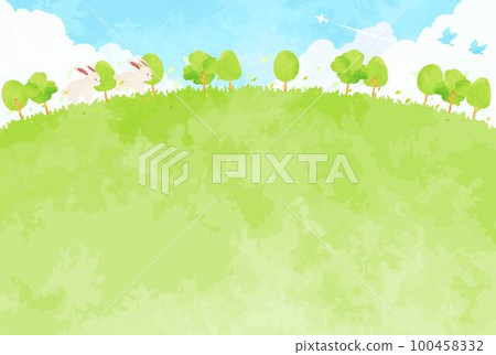 Cute rabbit and green landscape illustration 100458332