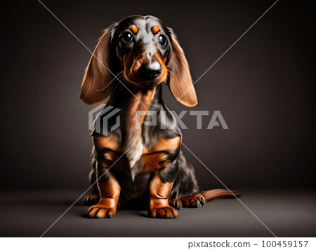 Cute Beautiful Longhaired Dachshund Dog Portrait Close Up. Ai Generative Illustration. Cute Beautiful Longhaired Dachshund Dog Portrait Close Up. Ai Generative Illustration. 100459157