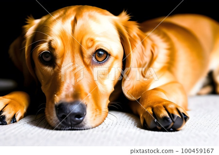 Cute Beautiful Longhaired Golden Retriever Dog Portrait Close Up. Ai Generative Illustration. Cute Beautiful Longhaired Golden Retriever Dog Portrait Close Up. Ai Generative Illustration. 100459167