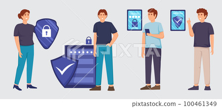 Digital data protection design vector. Cyber security cartoon character illustrations. Cloud computing network safety concept Digital data protection design vector. Cyber security cartoon character illustrations. Cloud computing network safety concept 100461349