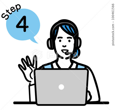 Step 4 Young female operator sitting in front of her laptop and explaining the procedure Step 4 Young female operator sitting in front of her laptop and explaining the procedure 100461566