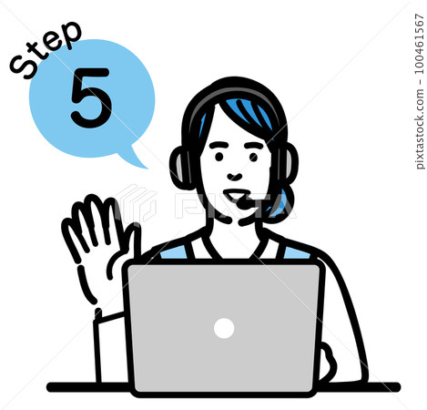 Step 5 Young female operator sitting in front of her laptop and explaining the procedure Step 5 Young female operator sitting in front of her laptop and explaining the procedure 100461567
