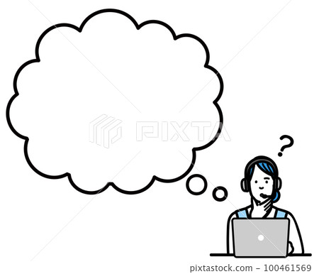 Young operator woman sitting in front of laptop and thinking with speech bubble 100461569