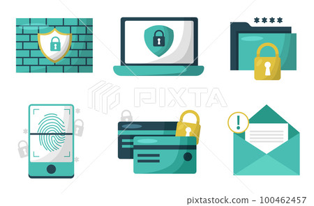 Digital data protection design element vector. Cyber security illustration set. Cloud computing network safety concept. Digital data protection design element vector. Cyber security illustration set. Cloud computing network safety concept. 100462457