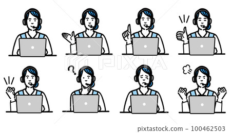 Set of gestures of an operator young woman sitting in front of a laptop Set of gestures of an operator young woman sitting in front of a laptop 100462503