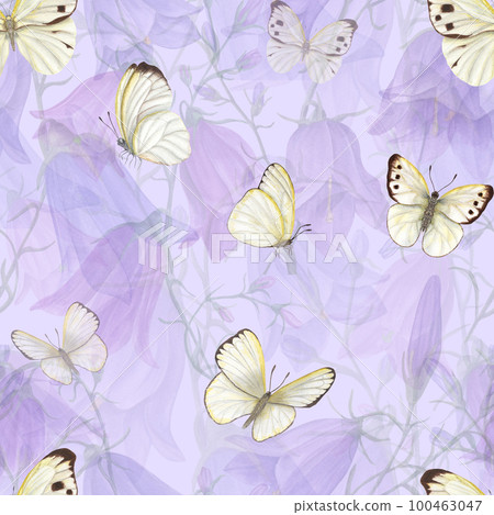 Watercolor seamless pattern of flying white butterflies isolated on background of bluebells. For greeting card design, invitation template, prints, wallpaper, fabric, textile, wrapping. Watercolor seamless pattern of flying white butterflies isolated on background of bluebells. For greeting card design, invitation template, prints, wallpaper, fabric, textile, wrapping. 100463047