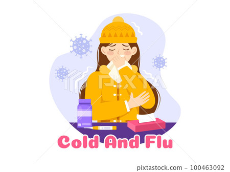 Sick Person Flu and Cold Sickness Illustration with People Wearing Thick Clothes in Flat Cartoon Hand Drawn for Health Care Landing Page Template 100463092