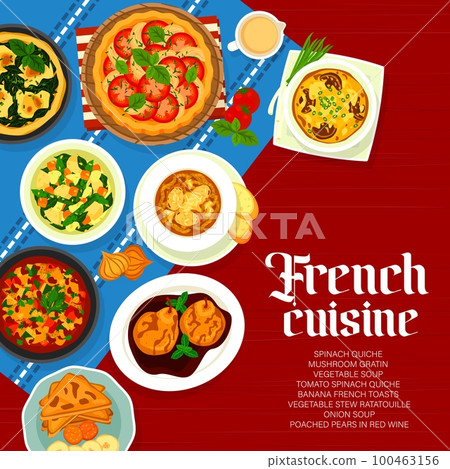 French cuisine menu cover design. Vegetable stew ratatouille, banana French toasts and vegetable soup, spinach quiche, poached pears in red wine and mushroom gratin, onion soup, tomato spinach quiche 100463156