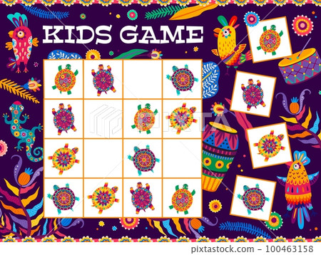Sudoku game. Brazilian and mexican turtles and animals worksheet. Kids logical game, puzzle or vector quiz with ornate parrots birds, Brazil wildlife lizard, musical instruments and colorful ornaments 100463158