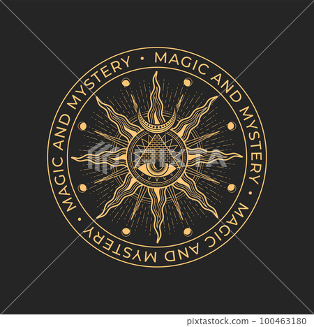 Magic and occult, mason alchemy icon. All seeing eye, pyramid and sun magic tattoo or vector emblem. Occultism spiritual or religion sign, tarot symbol. Occult seal, mason esoteric circle icon 100463180