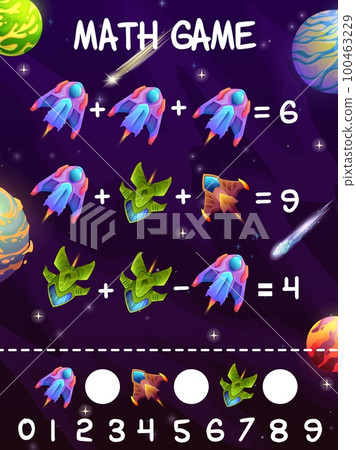 Starcrafts and spaceships in galaxy math game worksheet. Educational vector maze with cartoon starship engines. Learn to count teaser for mathematics skills development. Numeracy riddle for kids 100463229