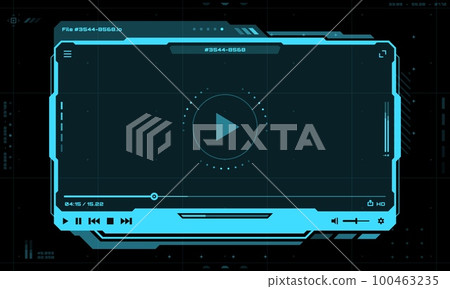 HUD video player futuristic interface, vector multimedia screen frame. HUD video player template layout with controls and navigation buttons of play and pause for video media and online live streaming HUD video player futuristic interface, vector multimedia screen frame. HUD video player template layout with controls and navigation buttons of play and pause for video media and online live streaming 100463235