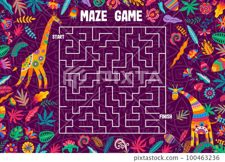 Labyrinth maze game help to giraffe to find his friend. Kids vector boardgame worksheet with cartoon funny african animals trying to search correct pathway. Puzzle with tangled path, start and finish Labyrinth maze game help to giraffe to find his friend. Kids vector boardgame worksheet with cartoon funny african animals trying to search correct pathway. Puzzle with tangled path, start and finish 100463236