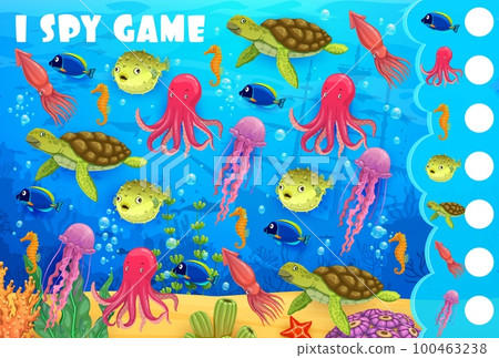 Cartoon underwater landscape and animals i spy game. Kids vector riddle with angel fish, octopus, sea horse and puffer fish, turtle, squid and jellyfish in ocean. Elementary school task for children Cartoon underwater landscape and animals i spy game. Kids vector riddle with angel fish, octopus, sea horse and puffer fish, turtle, squid and jellyfish in ocean. Elementary school task for children 100463238