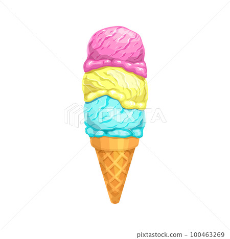 Cartoon ice cream cone with three scoops, vector food and summer dessert. Triple scoop ice cream, gelato or frozen yogurt with strawberry, vanilla and mint flavors in sugar waffle cone 100463269