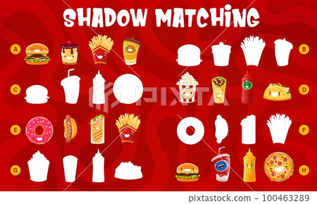 Shadow match game, funny cartoon takeaway fast food characters, vector quiz worksheet. Cheeseburger or burger with hot dog and popcorn or ice cream, ketchup and taco on shadow matching puzzle game 100463289