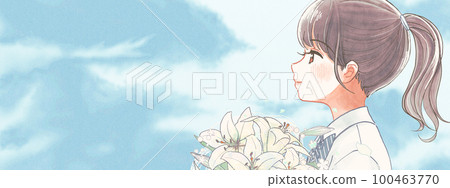 一個清爽的高中女生拿著一束百合和藍天的插圖橫幅 100463770