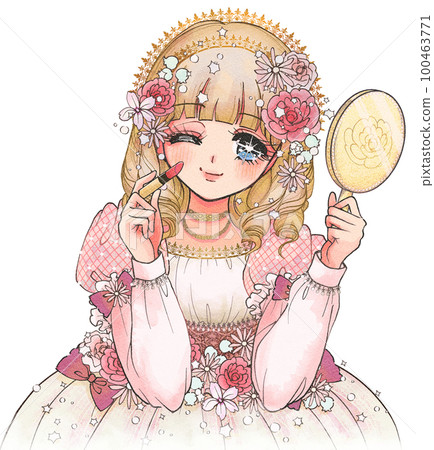 Illustration of a gorgeous princess applying lipstick in a shoujo manga style 100463771