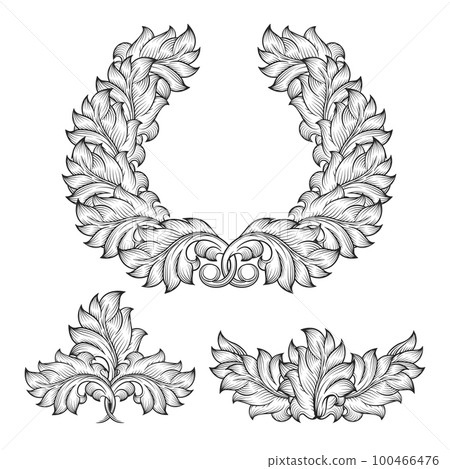 Vintage baroque floral leaf scroll ornament engraving frame element Vintage baroque floral leaf scroll ornament engraving frame element 100466476