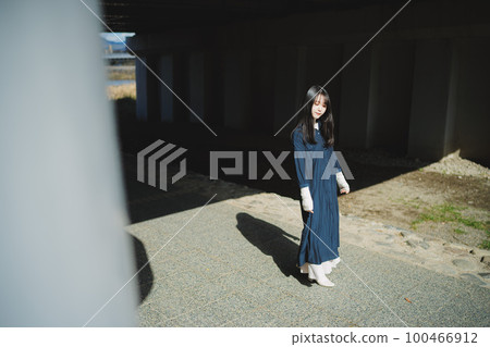 girl walking under the bridge 100466912