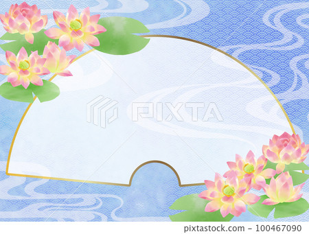 傳統圖案和睡蓮的扇形日式框架 100467090
