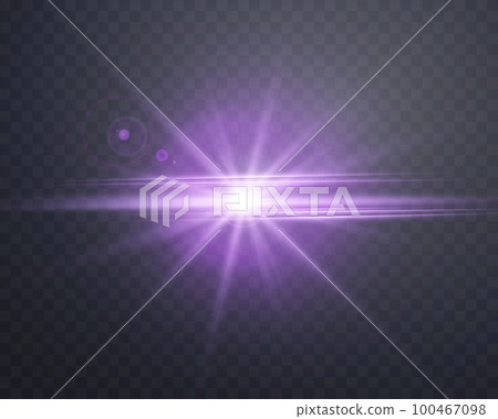 Purple sunlight lens flare, sun flash with rays and spotlight. Glowing burst explosion on a transparent background Purple sunlight lens flare, sun flash with rays and spotlight. Glowing burst explosion on a transparent background 100467098
