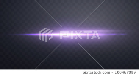 Purple horizontal lens flare. Sun flash with rays or gold spotlight and bokeh. Purple glow flare light effect. Vector illustration 100467099