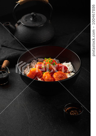 Portion of asian sweet and sour shrimp with rice Portion of asian sweet and sour shrimp with rice 100467886