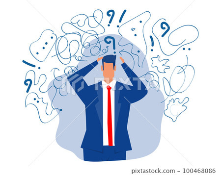 Business man suffers from obsessive thoughts; headache; unresolved issues; psychological trauma; depression.Mental stress panic mind disorder illustration Flat vector illustration. Business man suffers from obsessive thoughts; headache; unresolved issues; psychological trauma; depression.Mental stress panic mind disorder illustration Flat vector illustration. 100468086