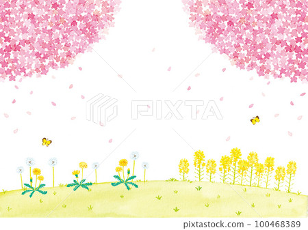春天風景櫻花、油菜花和蒲公英水彩例證 100468389