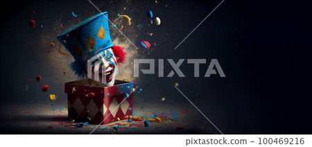 Jack in the Box with confetti, jester hat. April fool day concept with box surprise. Banner 3D illustration with a copy of the place for the text 100469216