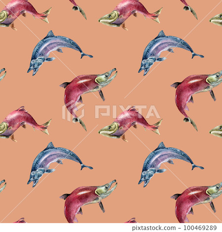 Seamless pattern of salmon, coho, chum watercolor illustration isolated on pink. 100469289
