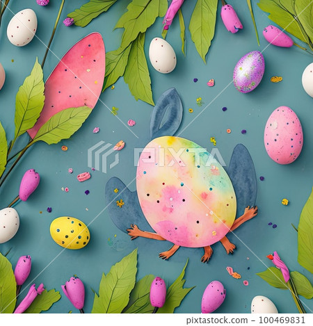 Top view of Easter composition with watercolor easter eggs and 3d Easter eggs. Generative AI Top view of Easter composition with watercolor easter eggs and 3d Easter eggs. Generative AI 100469831
