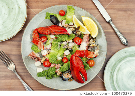Lobster salad on the white plate , top view 100470379