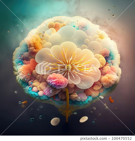 AI generated abstract multicolored composition, giant mushroom in shape of colourful flowers AI generated abstract multicolored composition, giant mushroom in shape of colourful flowers 100470552
