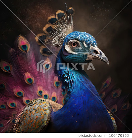 AI generated Beautiful peacock with colorful feathers on a dark background 100470563