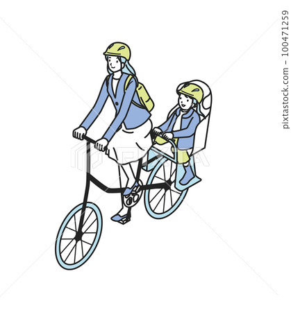 Parent and child riding a bicycle wearing a helmet 100471259