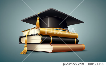 Illustration of stylized graduation cap on stack of books. Generative AI. 100471448