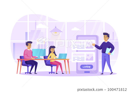 App development at office scene. Developers making mobile application, smartphone interface building process. Colleagues teamwork concept. Vector illustration of people characters in flat design 100471812
