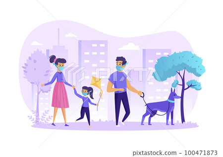 Family in medical mask walking with dog scene. Parents with daughter in city park during quarantine. Prevention Covid-19 coronavirus concept. Vector illustration of people characters in flat design Family in medical mask walking with dog scene. Parents with daughter in city park during quarantine. Prevention Covid-19 coronavirus concept. Vector illustration of people characters in flat design 100471873