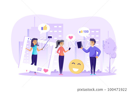 Social network and internet blogging concept. Woman making post, taking selfie, collecting likes and subscribers scene. SMM content marketing. Vector illustration of people characters in flat design Social network and internet blogging concept. Woman making post, taking selfie, collecting likes and subscribers scene. SMM content marketing. Vector illustration of people characters in flat design 100471922