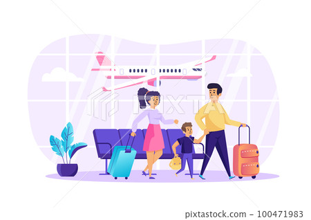 Family with kid in airport terminal scene. Father, mother and son fly on vacation together. Relationship, parenting, childhood, travel concept. Vector illustration of people characters in flat design Family with kid in airport terminal scene. Father, mother and son fly on vacation together. Relationship, parenting, childhood, travel concept. Vector illustration of people characters in flat design 100471983