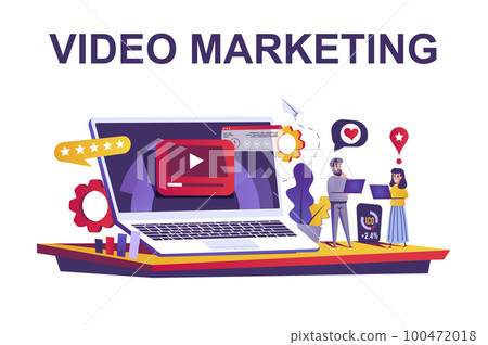 Video marketing web concept in flat style. People create and posting video content, promote, seo optimization, development strategy scene. Vector illustration of cartoon characters for website design 100472018