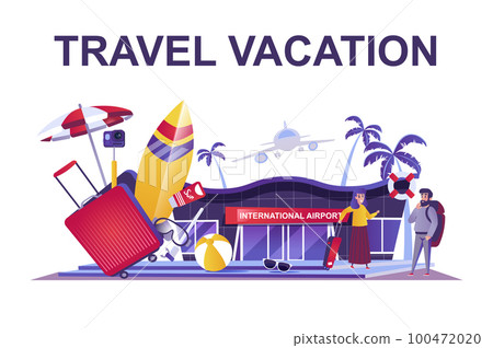 Travel vacation web concept in flat style. People with luggage at airport go on trip, summer holiday, traveling and tourism journey scene. Vector illustration of cartoon characters for website design 100472020