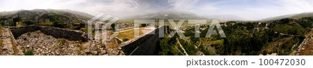 360 Panoramic view to Gjirokastra castle with the wall, tower and Clock, Gjirokaster, Albania 100472030